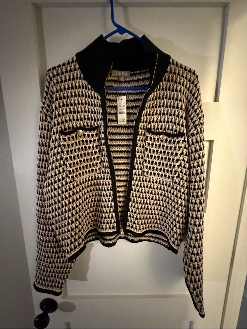 J. Crew Black and Cream Houndstooth Zip Cardigan - M